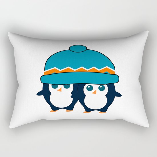 When two cute penguins find a beanie Rectangular Pillow