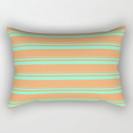 [ Thumbnail: Aquamarine and Brown Colored Lined Pattern Rectangular Pillow ]