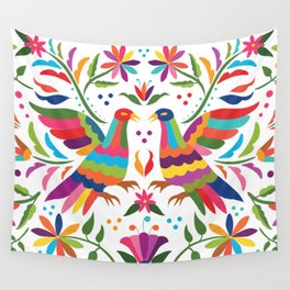 Mexican Otomí Birds. Colorful and floral composition by Akbaly Wall Tapestry