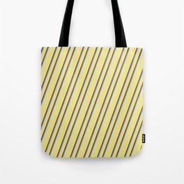 [ Thumbnail: Tan, Brown, and Cornflower Blue Colored Striped/Lined Pattern Tote Bag ]