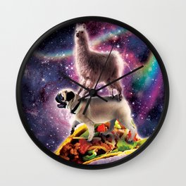 Rainbow Space Llama On Pug Riding Taco Wall Clock