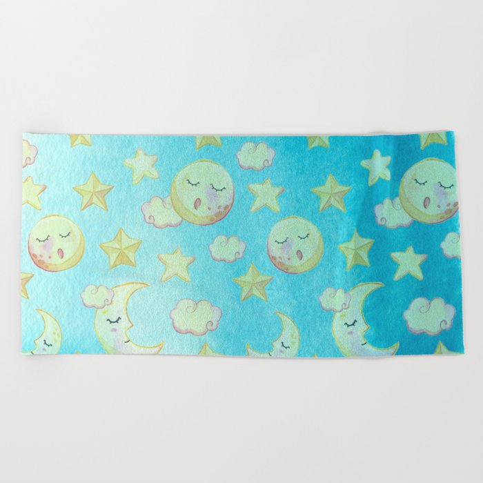 Blue yellow pink watercolor starry moon sun Beach Towel