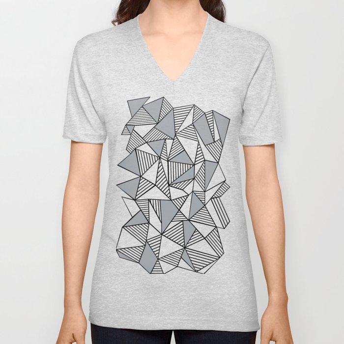 Abstract Lines With Grey Blocks V Neck T Shirt