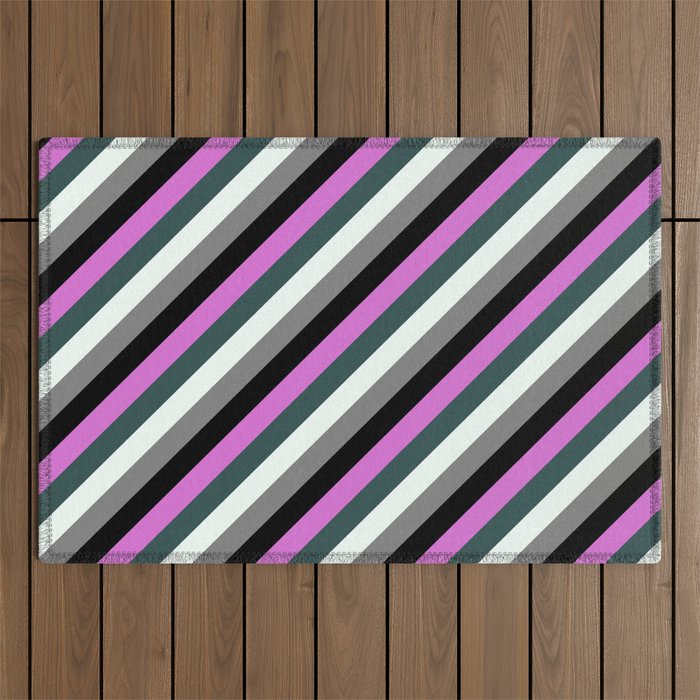 Vibrant Orchid, Dark Slate Gray, Mint Cream, Gray & Black Colored Stripes Pattern Outdoor Rug