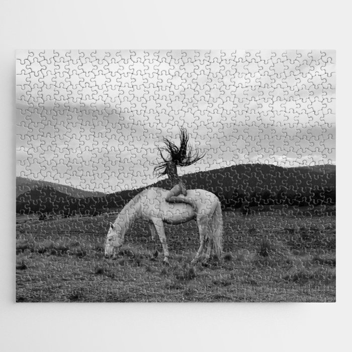 Wild horses couldn't take you from me; young woman on a white horse throwing her hair black wilderness black and white photograph - photography - photographs Jigsaw Puzzle