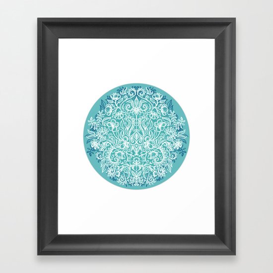 Spring Arrangement - teal & white floral doodle Framed Art Print