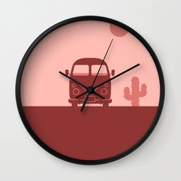 Pink desert with van and cactus Wall Clock