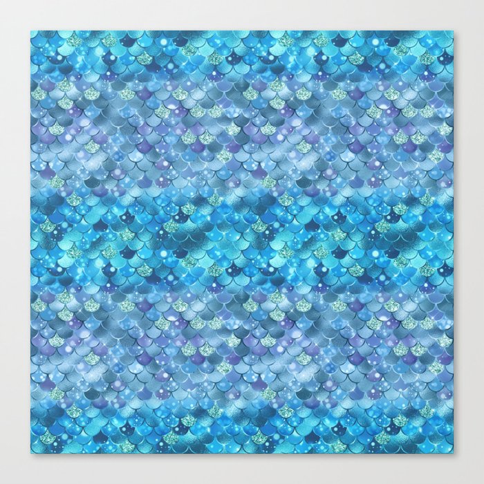 Aqua Blue Mermaid Pattern Metallic Glitter Canvas Print