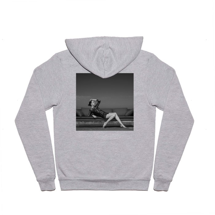 Home is wherever my couch is; female model on couch at the beach black and white photograph - photography - photographs Hoody