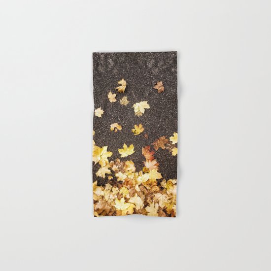 Gold yellow maple leaves autumn asphalt road Hand & Bath Towel