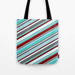 [ Thumbnail: Eyecatching Dim Grey, Light Blue, Turquoise, Dark Red, and Light Cyan Colored Lines Pattern Tote Bag ]