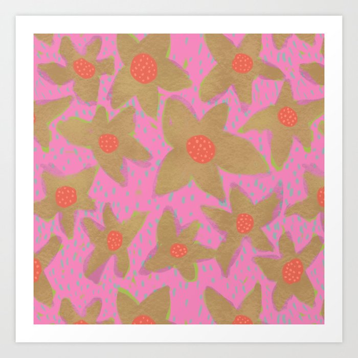 Retro Flowers on Pink Art Print