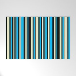 [ Thumbnail: Deep Sky Blue, Dark Slate Gray, Light Yellow & Black Colored Striped/Lined Pattern Welcome Mat ]