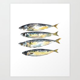 Mackerel Fish Kitchen Decor Picture Wall Poster Watercolor Art Print
