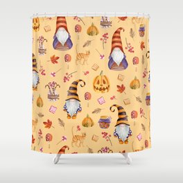 Seamless pattern with vintage Halloween elements. Gnomes, pumpkins, leaves. Watercolor hand drawn Shower Curtain