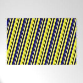 [ Thumbnail: Yellow and Dark Blue Colored Striped Pattern Welcome Mat ]