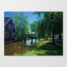 Netherlands Dutch town bridge willow trees Canvas Print