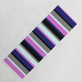 [ Thumbnail: Eye-catching Midnight Blue, Orchid, Light Cyan, Gray, and Black Colored Stripes/Lines Pattern Yoga Mat ]