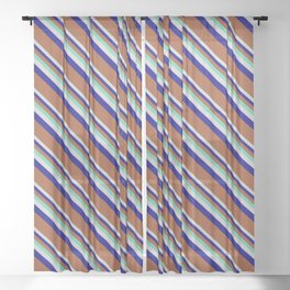 [ Thumbnail: Aquamarine, Light Gray, Blue, and Sienna Colored Striped/Lined Pattern Sheer Curtain ]