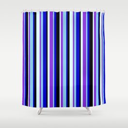 [ Thumbnail: Vibrant Light Cyan, Purple, Sky Blue, Blue & Black Colored Stripes/Lines Pattern Shower Curtain ]