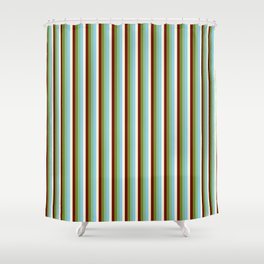 [ Thumbnail: Dark Sea Green, Green, Maroon, Light Yellow, and Light Sky Blue Colored Lined/Striped Pattern Shower Curtain ]
