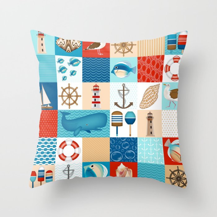 Nautical Motifs // Red, White and Blue // Quilt Blocks // Fish, Whale, Helm, Lighthouse, Seagull, Sailboat, LifeSaver, Seashell, Buoys, Anchor Throw Pillow