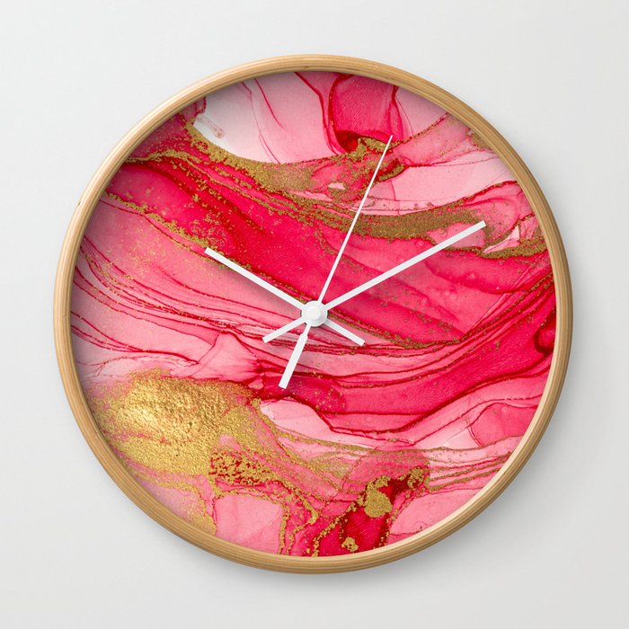 Pink and Gold Abstract Watercolor Paint Wall Clock