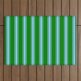 [ Thumbnail: Green and Light Sky Blue Colored Striped Pattern Outdoor Rug ]
