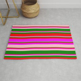[ Thumbnail: Green, Red, Fuchsia, and Pink Colored Lined/Striped Pattern Rug ]