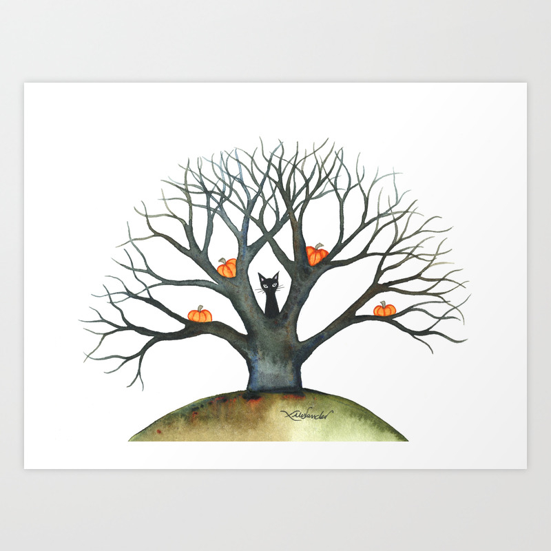 Halloween Black Cat And Pumpkins In Tree Art Print By