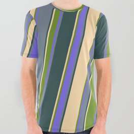[ Thumbnail: Tan, Green, Medium Slate Blue, Slate Gray, and Dark Slate Gray Colored Lined/Striped Pattern All Over Graphic Tee ]