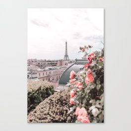 Paris France Eiffel Tower Pink Flowers Photography Canvas Print