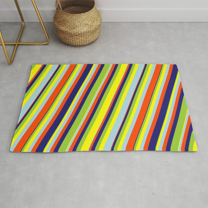 Eye-catching Green, Yellow, Light Blue, Red & Midnight Blue Colored Lines/Stripes Pattern Rug