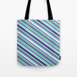[ Thumbnail: Aquamarine, Lavender & Dark Slate Blue Colored Lined/Striped Pattern Tote Bag ]