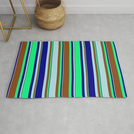 [ Thumbnail: Dark Blue, Green, Brown, and Powder Blue Colored Lines/Stripes Pattern Rug ]