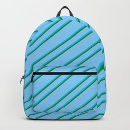 [ Thumbnail: Light Sky Blue, Deep Sky Blue, and Forest Green Colored Striped Pattern Backpack ]