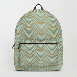 Festive, Art Deco, Wave, Pattern, Green and Gold Backpack