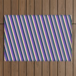 [ Thumbnail: Vibrant Sea Green, Purple, Dark Grey, Tan, and Midnight Blue Colored Pattern of Stripes Outdoor Rug ]