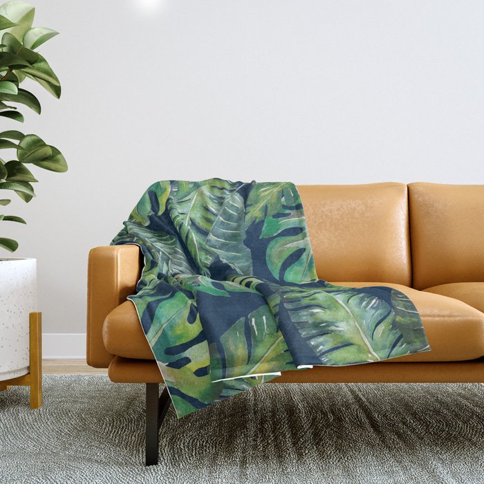 Jungle Leaves, Banana, Monstera, Blue Throw Blanket