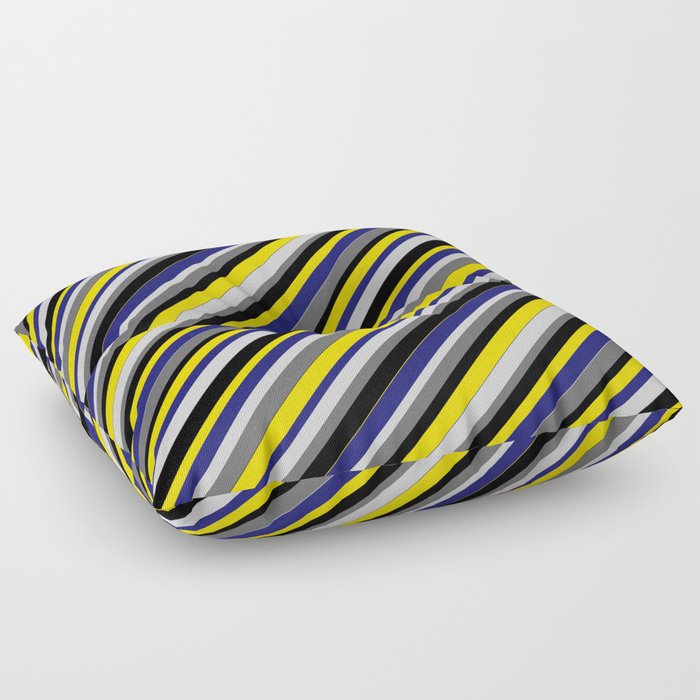 Vibrant Light Gray, Dim Gray, Black, Yellow, and Midnight Blue Colored Stripes Pattern Floor Pillow