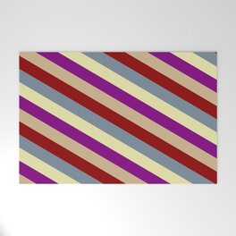 [ Thumbnail: Vibrant Pale Goldenrod, Purple, Tan, Dark Red & Light Slate Gray Colored Striped Pattern Welcome Mat ]