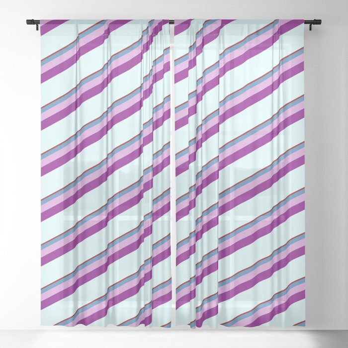 Dark Red, Blue, Plum, Purple & Light Cyan Colored Stripes/Lines Pattern Sheer Curtain