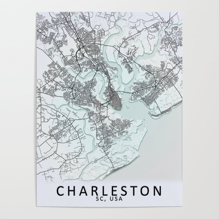 Charleston, SC, USA, White, City, Map Poster