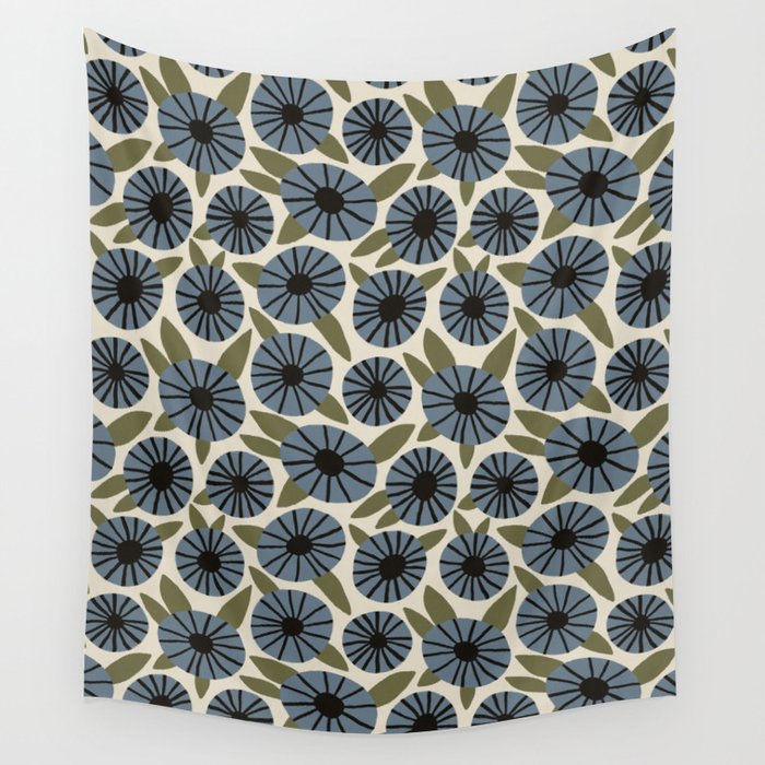 Floral Pattern / Slate Blue & Green Wall Tapestry