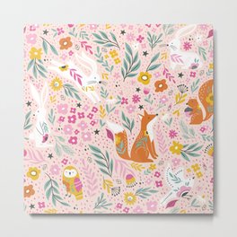 Foxes and Rabbits with Flowers and Ornamental Leaves Metal Print
