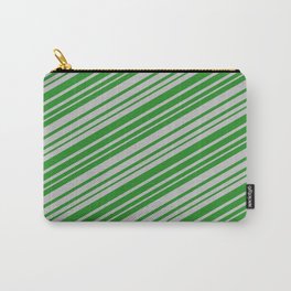 [ Thumbnail: Forest Green & Grey Colored Stripes Pattern Carry-All Pouch ]