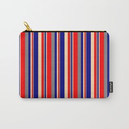 [ Thumbnail: Tan, Blue, Gray & Red Colored Lines/Stripes Pattern Carry-All Pouch ]