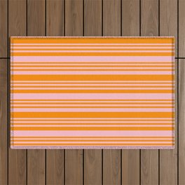 [ Thumbnail: Pink & Dark Orange Colored Lined Pattern Outdoor Rug ]