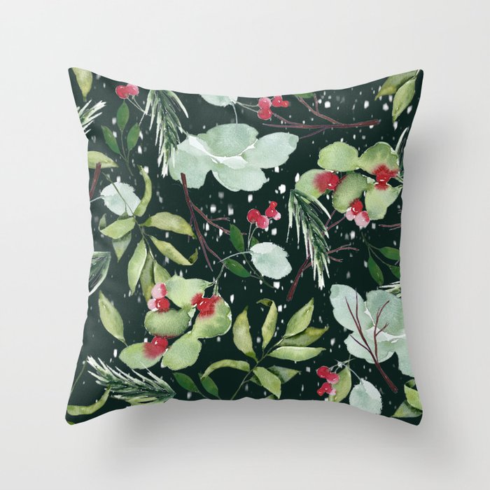 Christmas Greens and Berries - Dark Throw Pillow