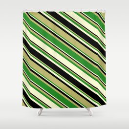 [ Thumbnail: Dark Khaki, Forest Green, Light Yellow, and Black Colored Pattern of Stripes Shower Curtain ]